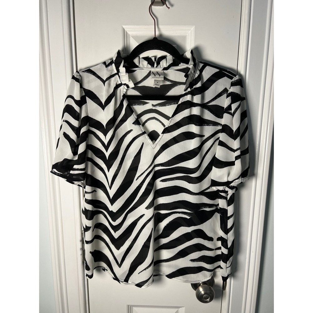 Worthington Zebra Print Ruffle Neck V-Neck Blouse Black White Medium